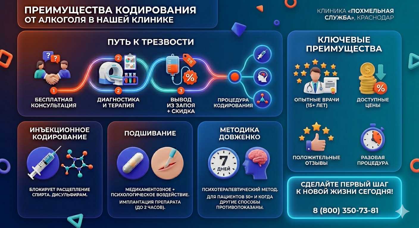 Инфографика о методах кодирования от алкоголя в Переславле-Залесском: инъекции, подшивание, метод Довженко. Преимущества клиники и этапы лечения.